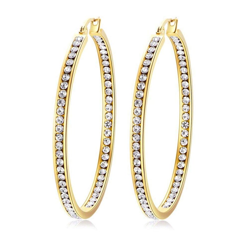 CiNily Gold Hoop Earrings for Women Yellow Gold Plated Stainless Steel Cubic Zirconia Ladies Large Big Hoop Earrings 2" - Image 1